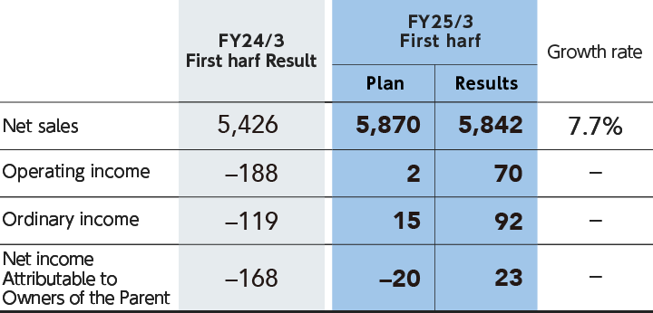 Table: Results for the first half FY25/3